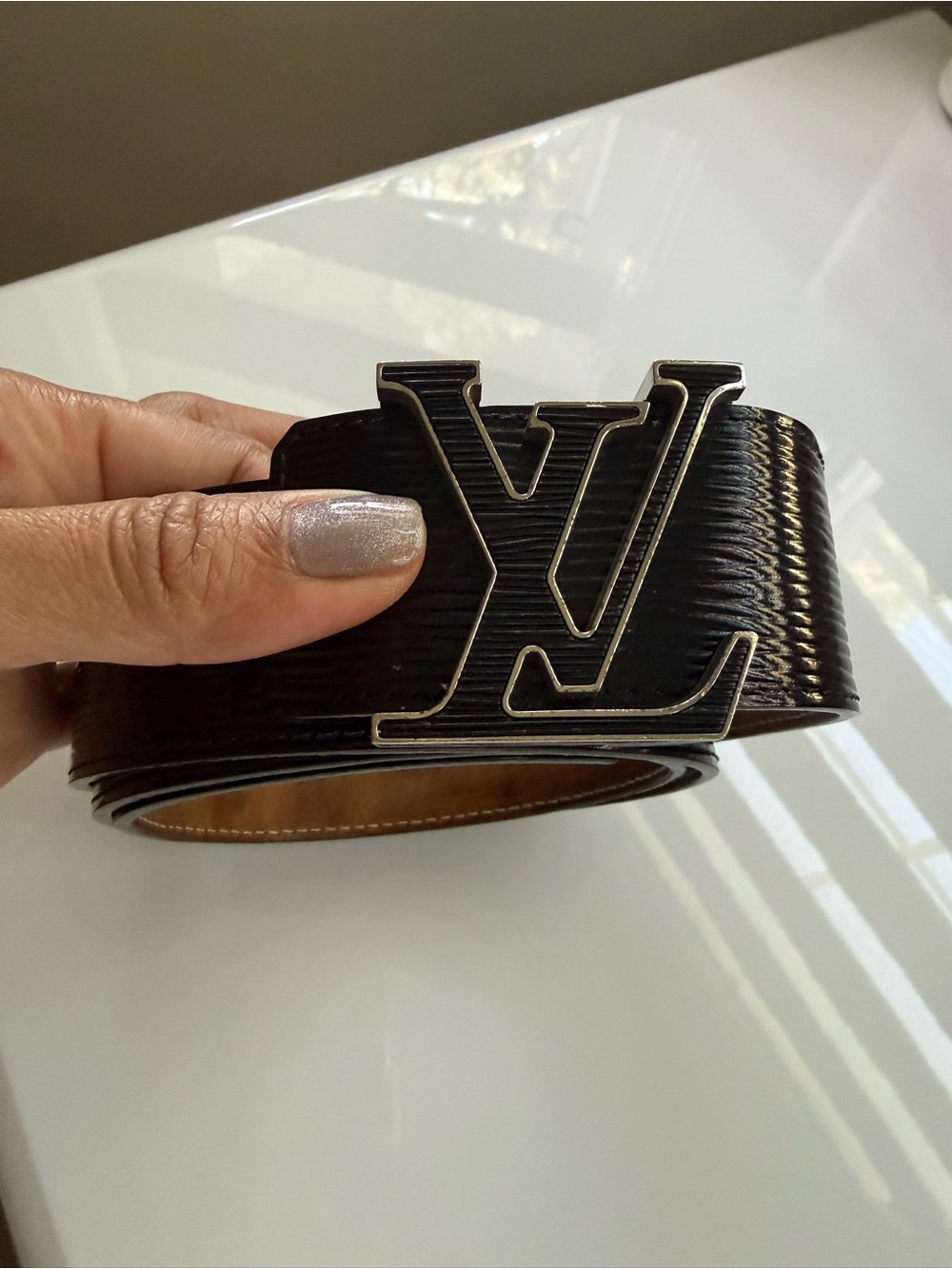 Louis Vuitton Black Epi Leather Belt with Silver-Trim LV Buckle